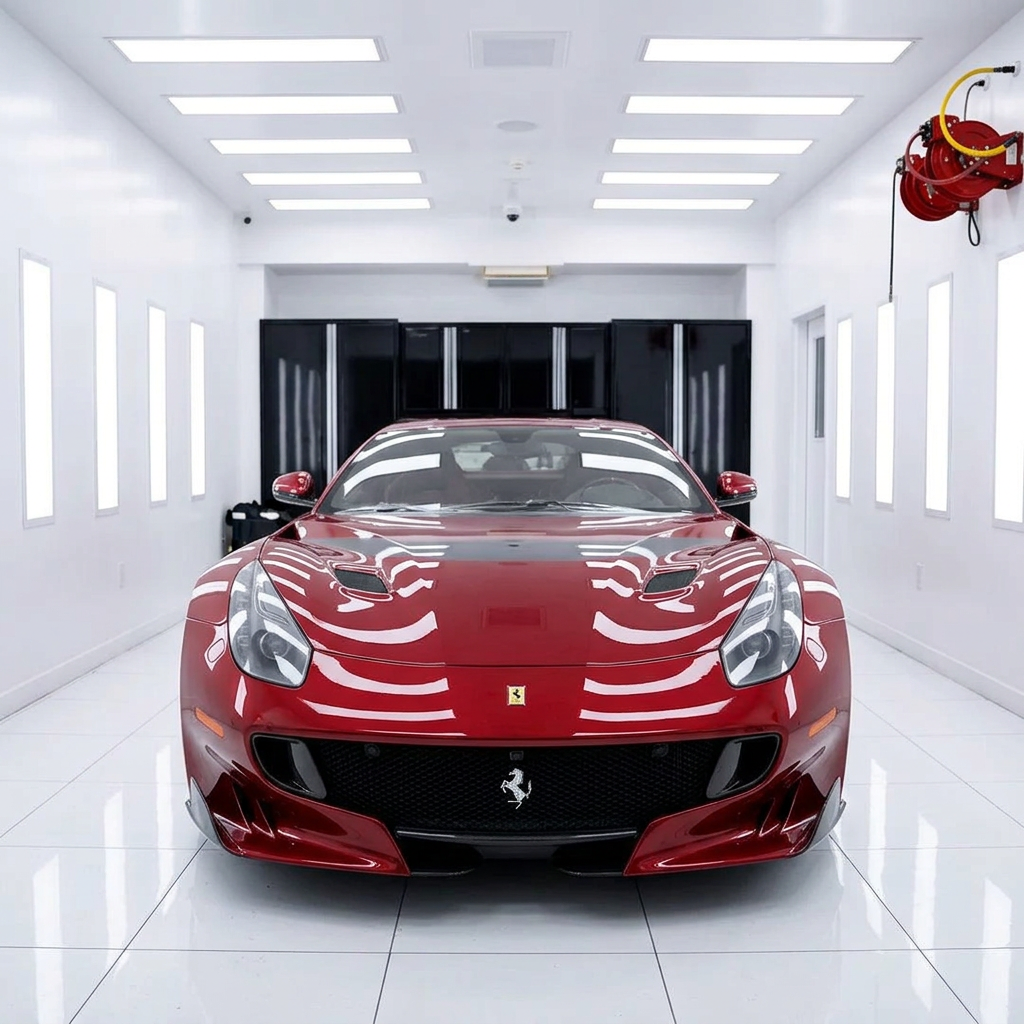 How Often Should You Get Your Car Detailed? Red Ferrari centred inside the D2 Customs detailing studio in Johannesburg under overhead LED panels