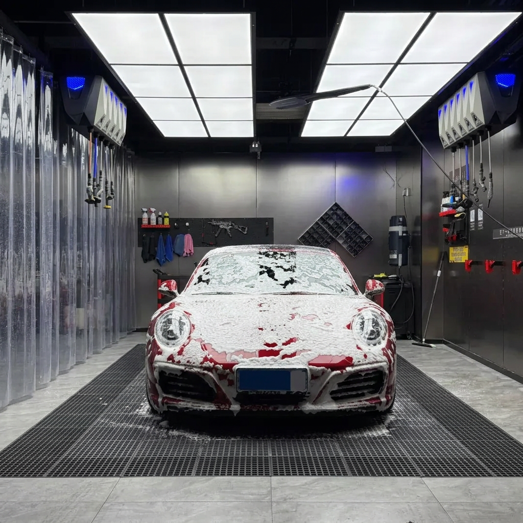 Red Porsche 911 covered in snow foam during a decontamination wash at D2 Customs Johannesburg, ahead of ceramic coating or PPF